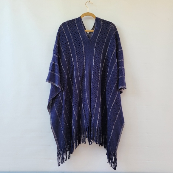 BCBGMaxAzria Navy Blue Silver Metallic New One Size Boho Longline Fringe Poncho - Picture 11 of 11